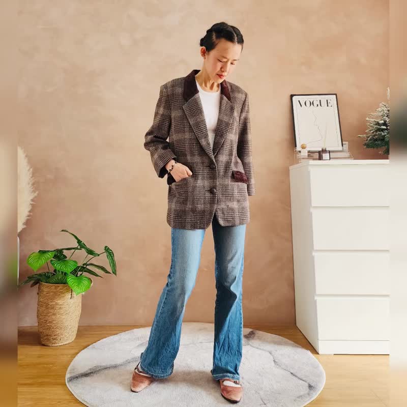 古董格纹毛料外套【日本古董衣】永续是最奢华的精品 - 女装西装外套/风衣 - 羊毛 咖啡色