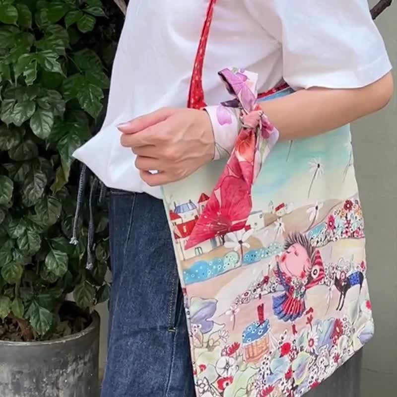 优雅系列 ~ 帆布拉链托特包 + 水彩画丝巾  |  领巾帆布提袋 - 手提包/手提袋 - 棉 