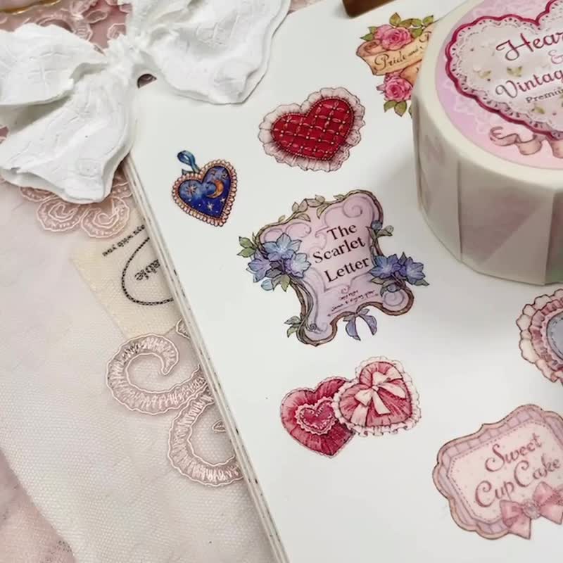 和纸胶带 爱心与复古标签 - 纸胶带 - 纸 粉红色