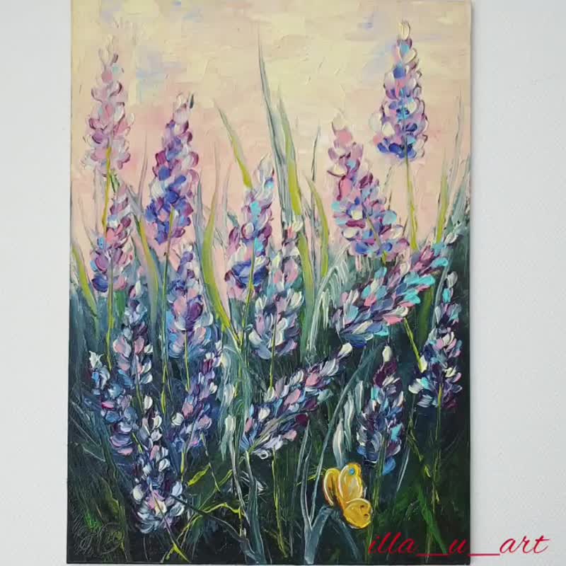 Bluebonnet Painting Butterfly Original Art Floral Wall Art Small Oil Painting - 海报/装饰画/版画 - 其他材质 多色