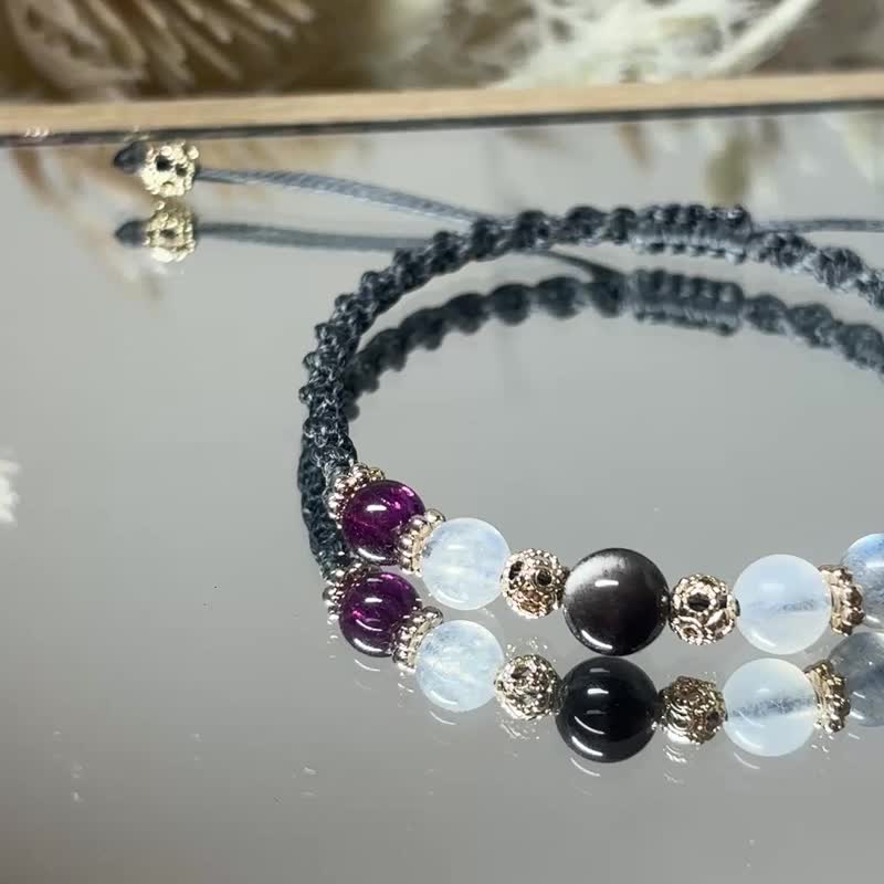 银曜石*月光石*拉长石*红石榴_少一点内耗 - 手链/手环 - 水晶 黑色
