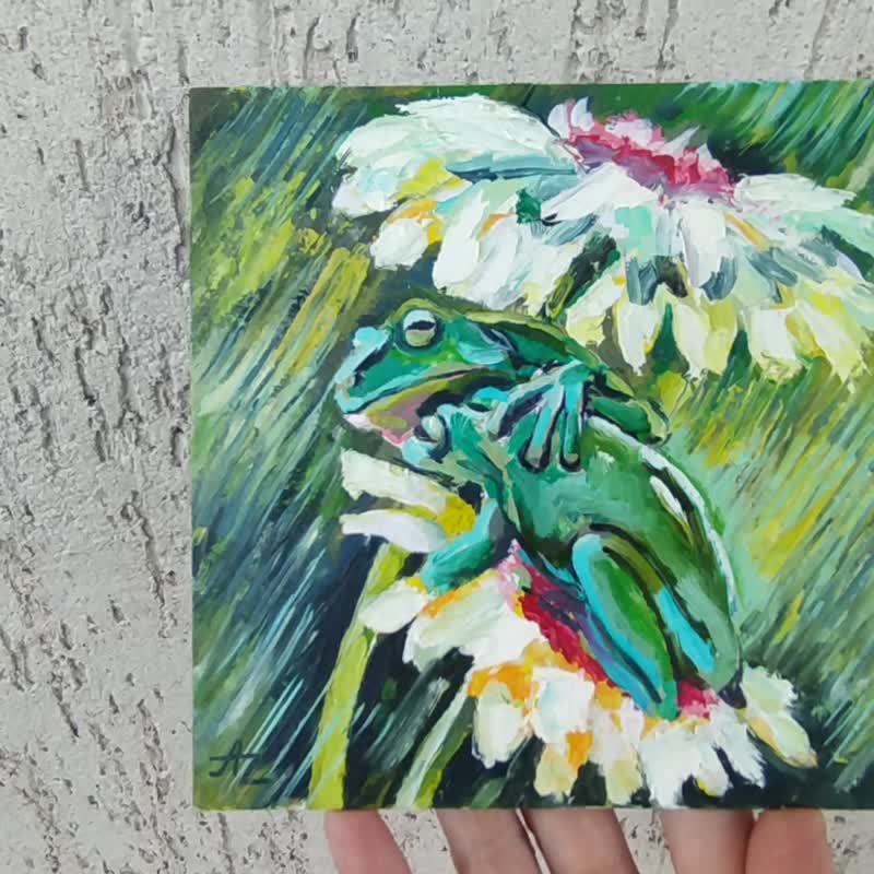 Frogs Painting Couple Frog Original Art Animal Wall Art Rain Small Artwork Oil - 海报/装饰画/版画 - 其他材质 绿色
