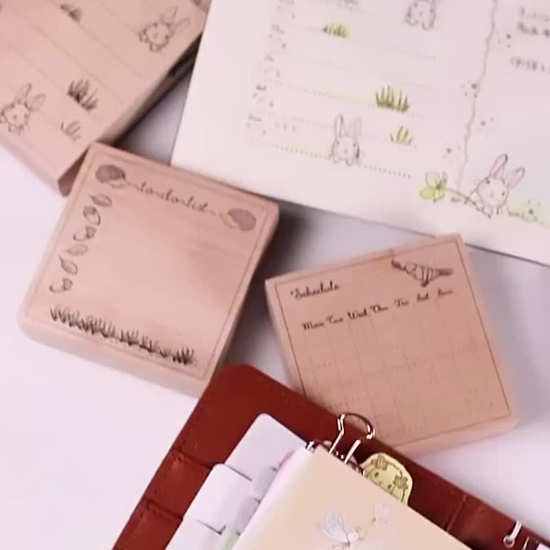 [3 件套印章邮票] 月历/每周/待办事项清单 TODOLIST 笔记本印章邮票兔子小鸟刺猬 - 印章/印台 - 橡胶 卡其色