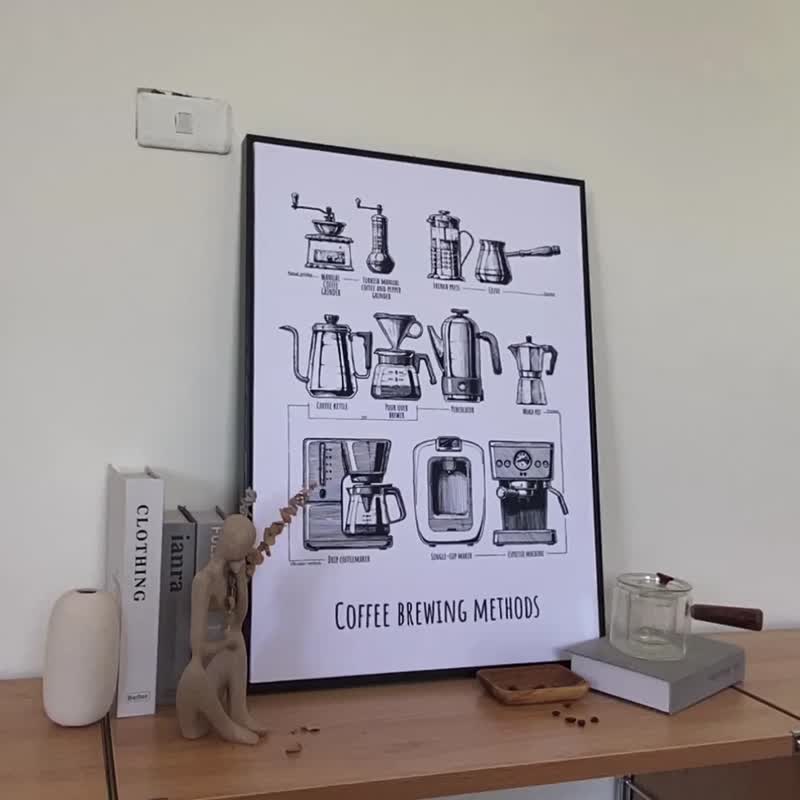 冲煮咖啡图鉴-挂画/咖啡厅/餐厅画作/黑白/插画/咖啡画/北欧/cafe - 海报/装饰画/版画 - 其他材质 多色