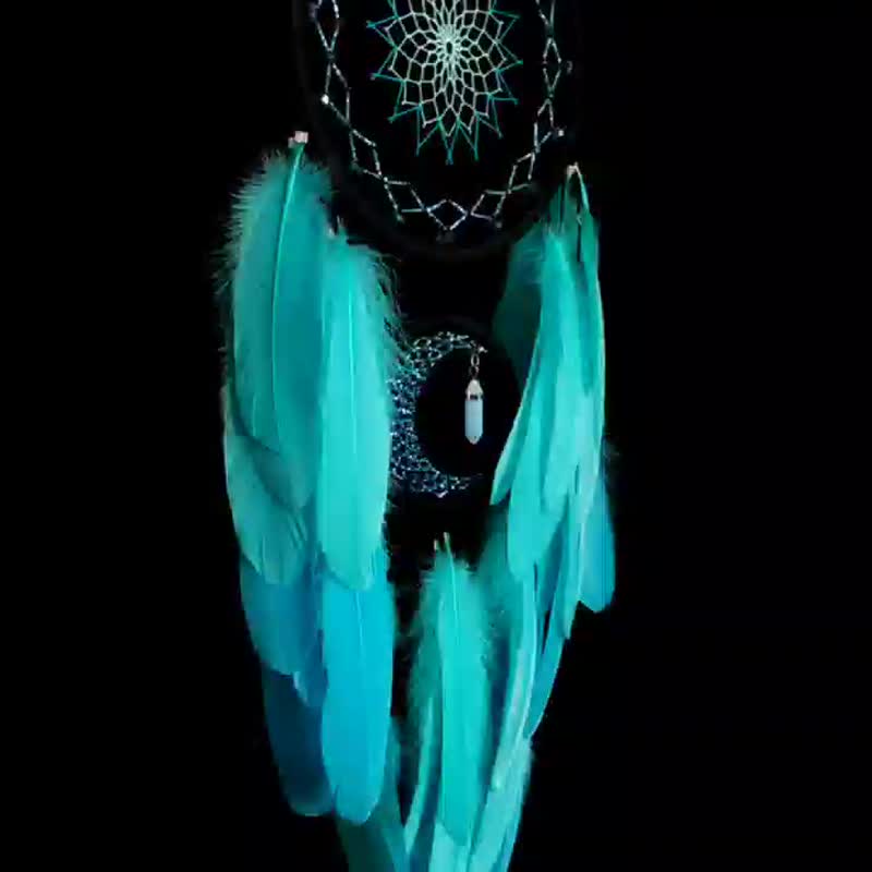 Large dream black mint dream catcher with moonstone crystal Crescent moon - 墙贴/壁贴 - 绣线 黑色
