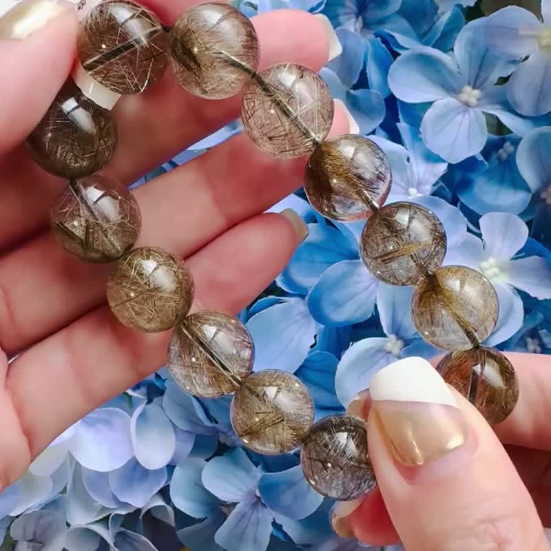 精品级天然金银发魔鬼发晶 14.1-14.5mm58.58g 钢丝球效应避邪 - 手链/手环 - 水晶 多色