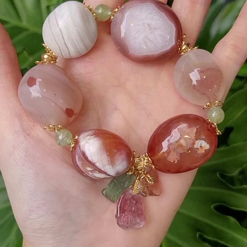 冰种缠丝雪花玛瑙 碧玺 如意 花 招财 独家 大宝石手链 单品 礼物 - 手链/手环 - 宝石 多色