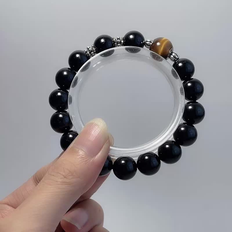 极度避邪 天然矿石 黑碧玺 11.5 mm 黄虎眼 925纯银 手链 - 手链/手环 - 宝石 黑色
