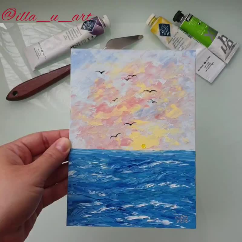 Seascape Painting Sunset Original Art Landscape Wall Art Small Oil Painting - 海报/装饰画/版画 - 其他材质 多色