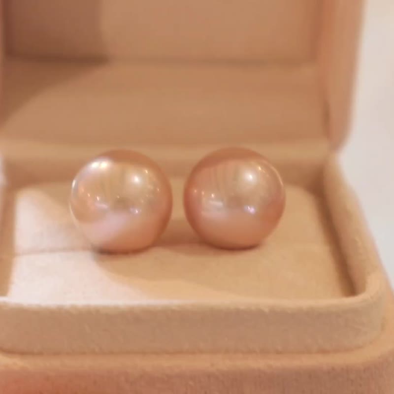 12.2-12.4mm天然粉紫/香槟粉紫淡水珍珠耳环18k金 - 耳环/耳夹 - 珍珠 粉红色