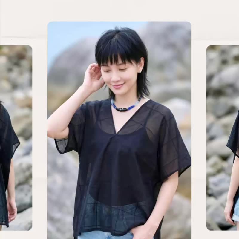 微性感黑色半透明格纹前短后长罩衫四角衣 - 女装衬衫 - 丝．绢 黑色
