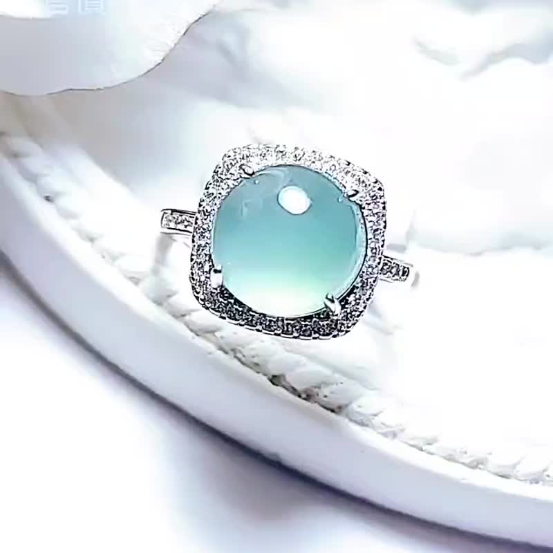 |财水满溢|a货翡翠冰玻晴蓝起胶饱满大蛋面10.7mm纯银镀18k戒指 - 戒指 - 玉石 