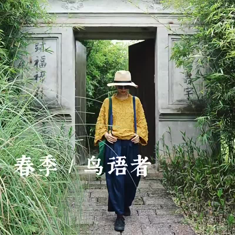 藍色藏青色亞麻 夏季中性百搭 松緊腰圍大廓形連體褲吊帶長褲 - 背带裤/连体裤 - 棉．麻 蓝色