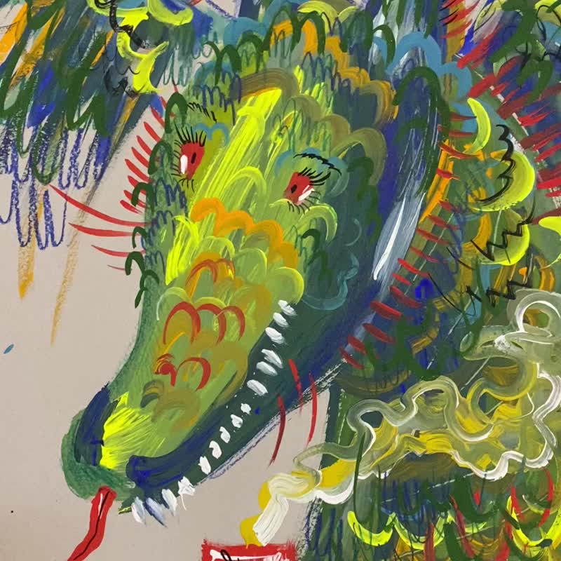 Dragon Painting Original Art Dinosaur with Coffee Art Fantasy Whimsical Painting - 墙贴/壁贴 - 纸 绿色