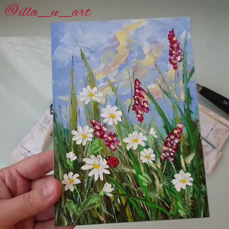 Daisy Painting Bluebonnet Original Art Wildflower Wall Art Ladybug Art Meadow - 海报/装饰画/版画 - 其他材质 多色