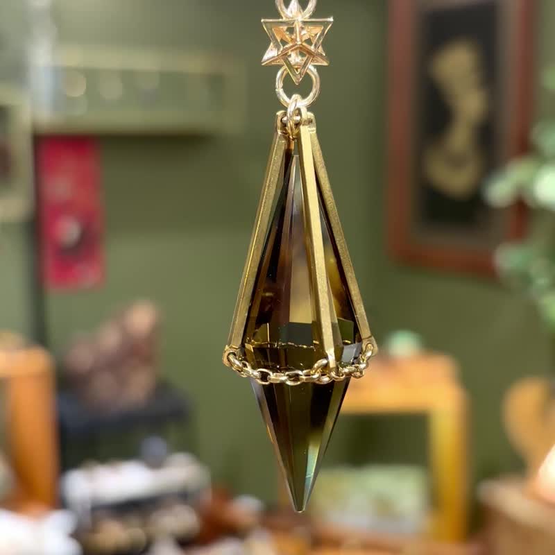 茶晶 灵摆项链 皮绳 水晶颈链 男友礼物 女朋友礼物 中性饰物 - 项链 - 铜/黄铜 金色