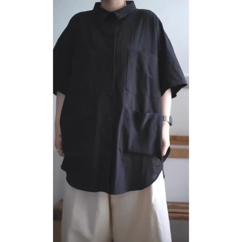墨黑宽版工装衬衫短袖 - 女装衬衫 - 棉 黑色