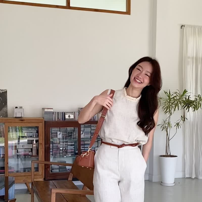 削肩衬衫，蕾丝领，麻 - 女装上衣 - 棉．麻 卡其色