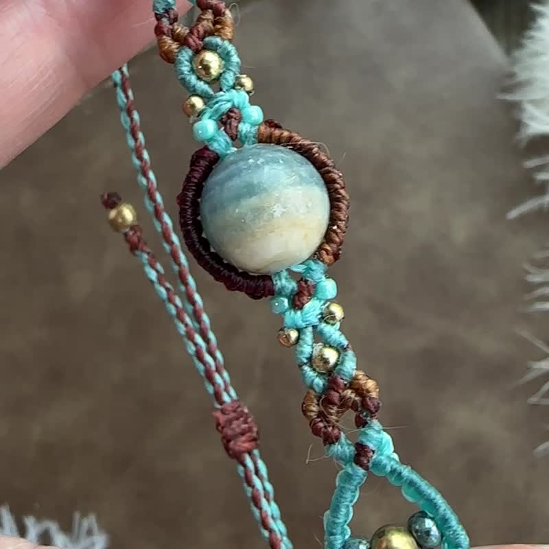 BB56 民族风 蜡线编织 方解石 日本珠 铜珠 手环 (可调长度) - 手链/手环 - 宝石 咖啡色