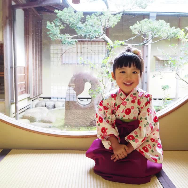 日本裤连衣裙 - 山茶花 Beige-Dark Red  (女童/嬰兒/兒童) - 童装礼服/连衣裙 - 棉．麻 红色