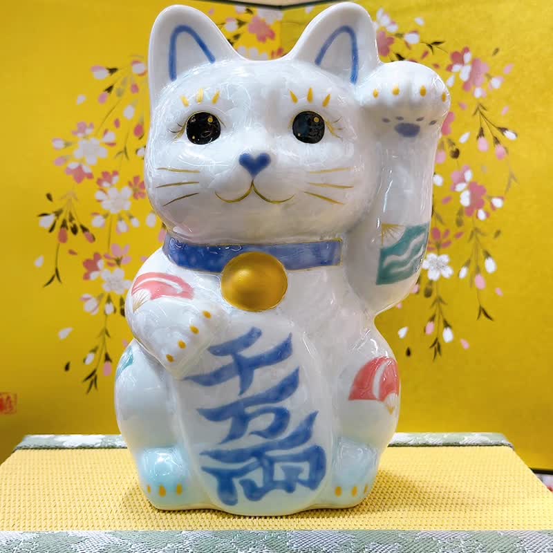 【瑞水耀両】日本清水烧招财猫 | 花结晶水白 - 千万両 特大 左 - 摆饰 - 瓷 白色