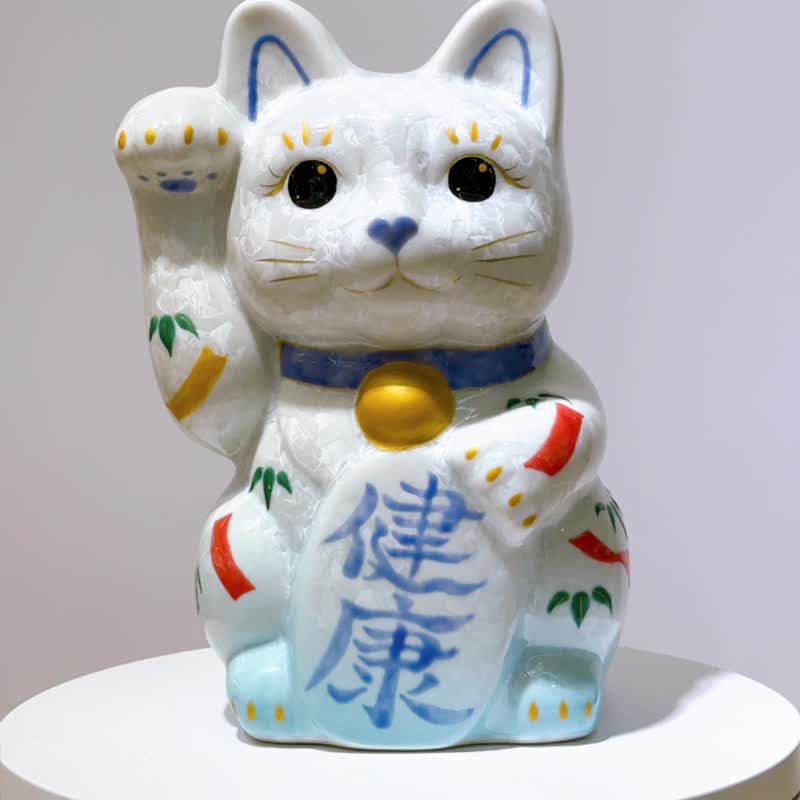 【瑞水耀両】日本清水烧招财猫 | 花结晶水白 - 千万両 特大 左 - 摆饰 - 瓷 白色