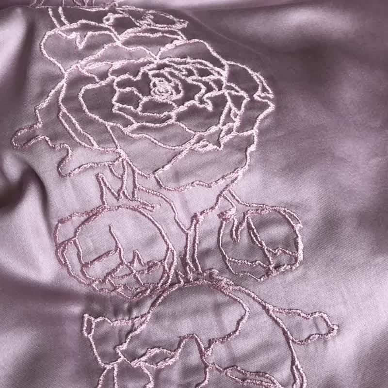 粉色被套组：100% 纯棉缎寝具，刺绣牡丹花 - 寝具 - 棉 粉红色