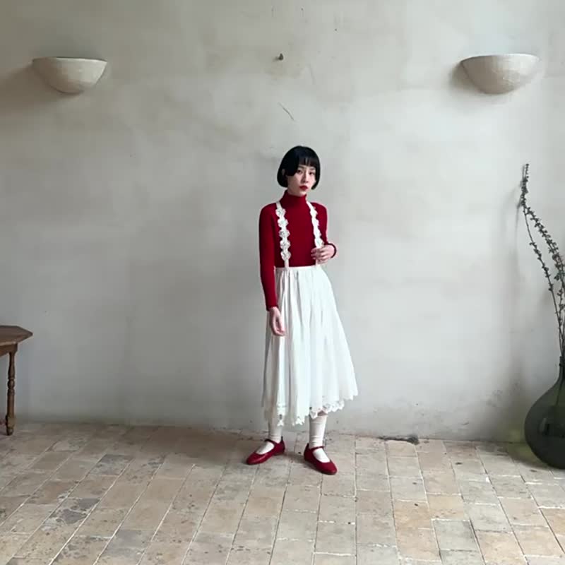 白色 立體花花半身裙 肩帶可調節 全棉暗紋提花裙子 - 裙子 - 棉．麻 白色