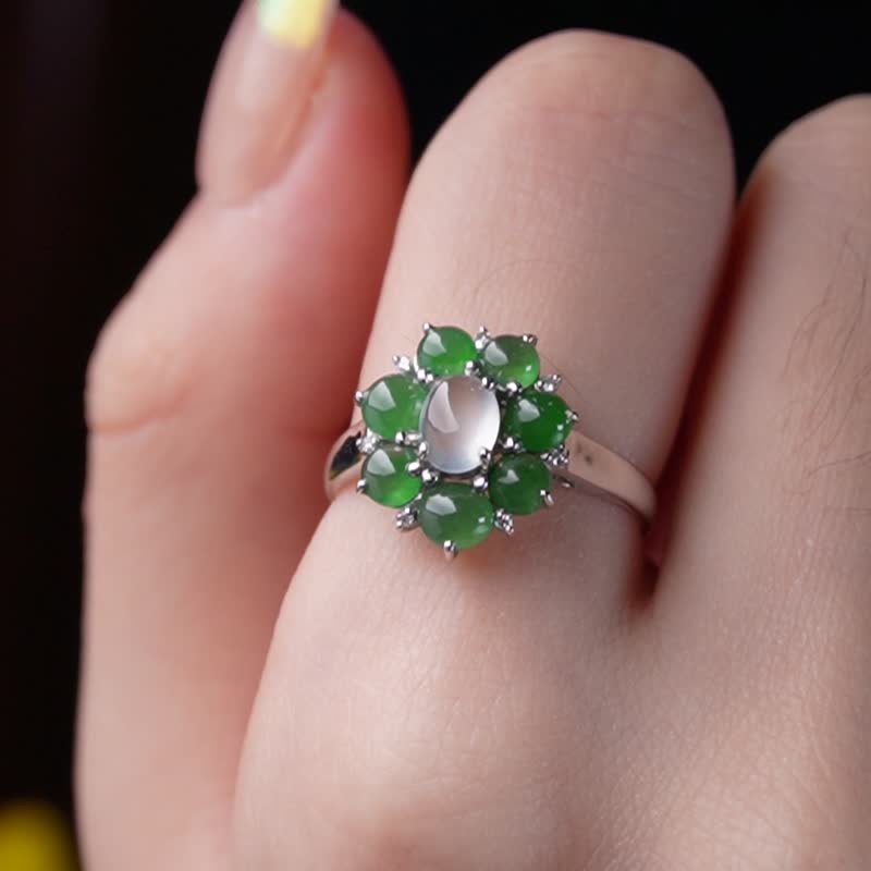 玻璃种翡翠蛋面花花戒指 18K金钻石 | 天然缅甸玉A货翡翠 | 送礼 - 戒指 - 玉石 绿色