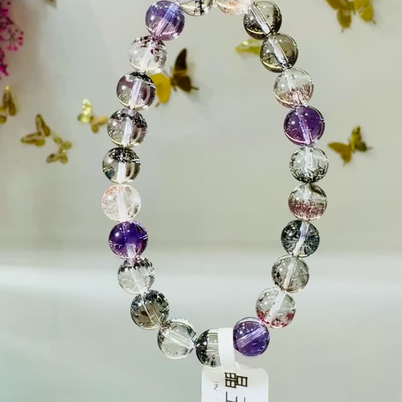 天然玻璃A体轻透料彩超七8mm17.06g三轮骨干水晶紫超七半盆超七 - 手链/手环 - 水晶 多色