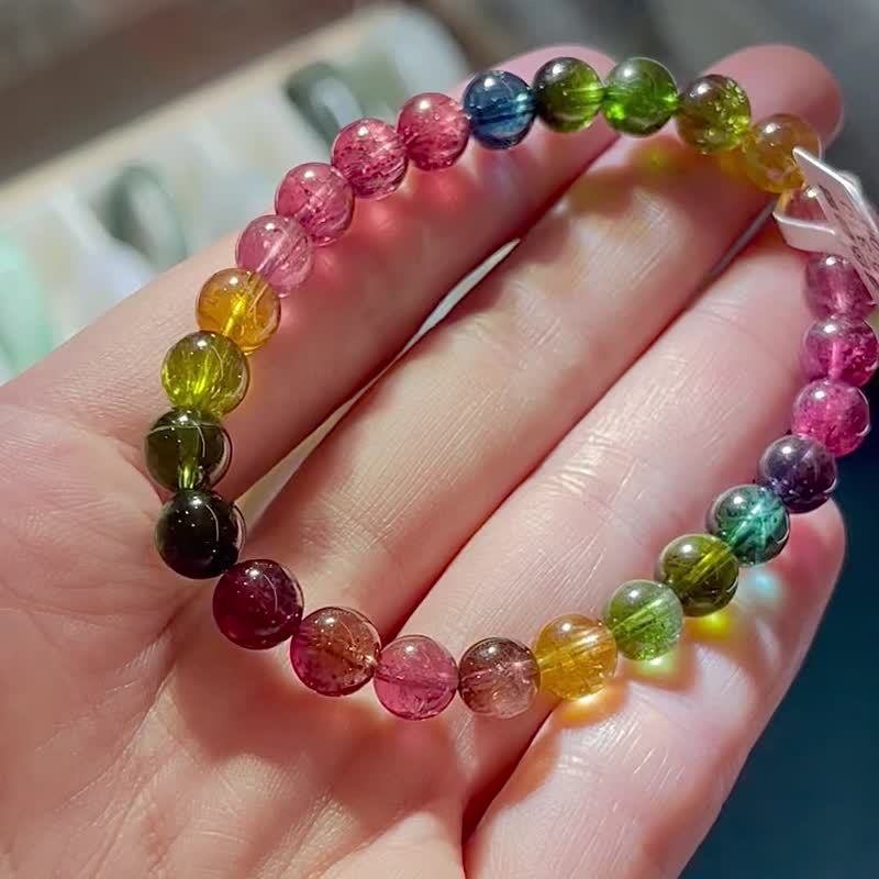 已预订收藏级顶级经典老矿浓色碧玺带稀有蓝碧及紫碧7mm15.31g手 - 手链/手环 - 水晶 多色