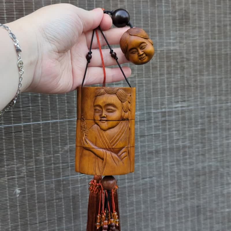 孤品黄杨木雕刻印笼腰部挂件汉服配饰香丸盒首饰盒印章收纳红虎眼 - 吊饰 - 木头 咖啡色