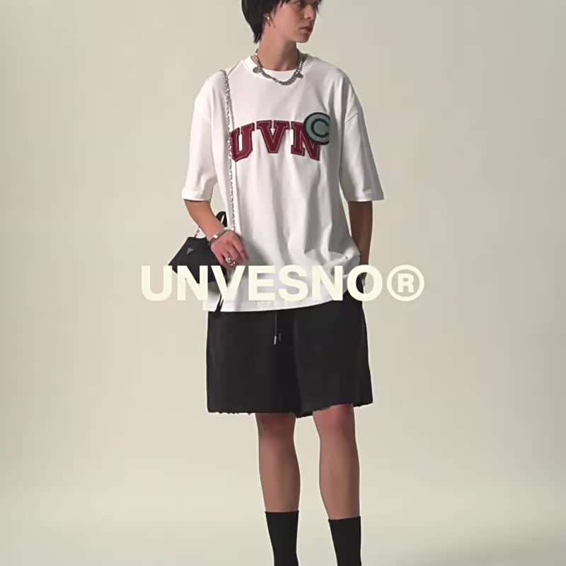 UNVESNO UVN毛毡底刺绣T恤情侣款国潮男原创设计夏季短袖SWS-1497 - 中性连帽卫衣/T 恤 - 棉 白色