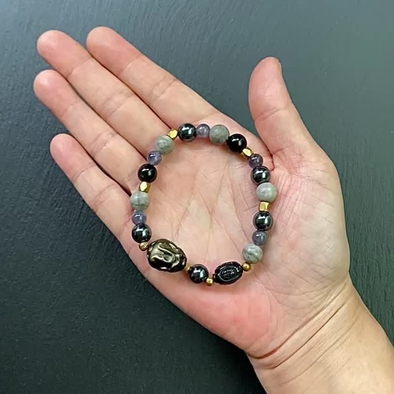 黑曜石 黑胆石 堇青石 麦饭石 黑玛瑙 金曜石龙龟黄铜手链 定制化 - 手链/手环 - 水晶 多色