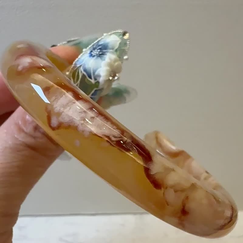 樱花玛瑙手镯玛瑙手镯 猫镯 开口金桔底粉花红勾边54-56圈口 - 手链/手环 - 玉石 