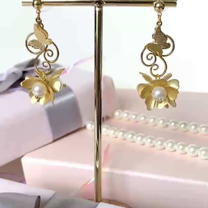 18K蝴蝶珍珠花耳环/结婚耳环/ 裙褂耳环/中式耳环 - 耳环/耳夹 - 其他金属 金色