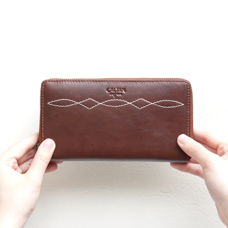 【24hr快速出货】菱纹缝线真皮多功能长夹-075142 两色 长夹 - 皮夹/钱包 - 真皮 咖啡色