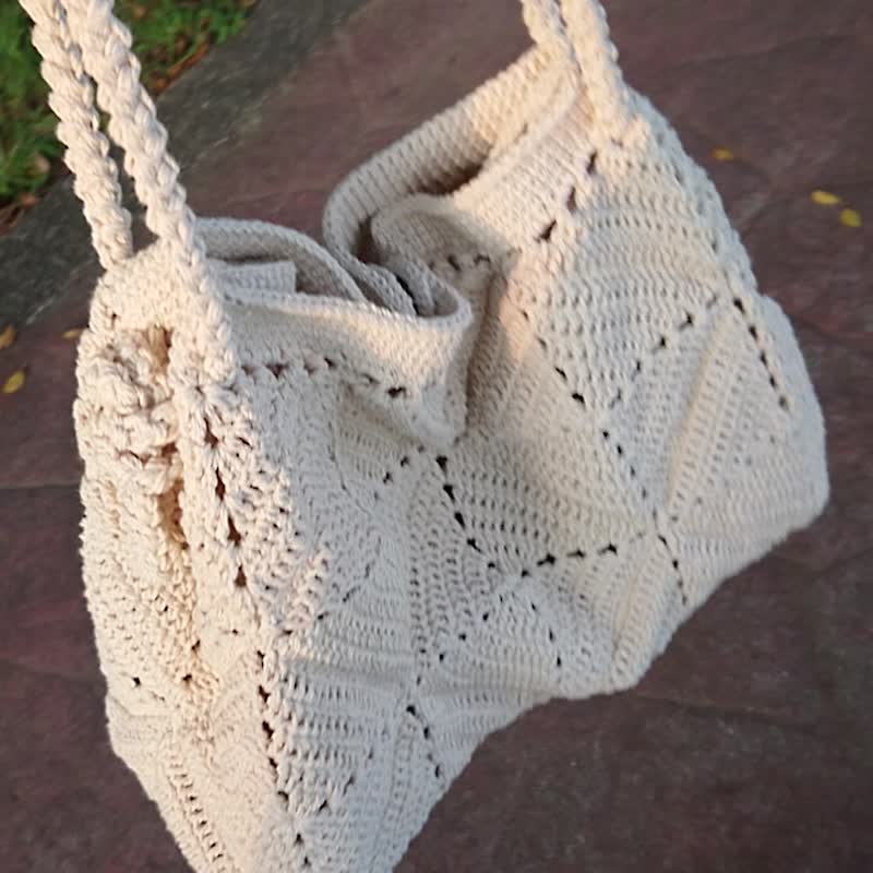 原创 手工纯棉线编织包/花垫浮雕菱格三用包 /菱格拼接三用包 - 手提包/手提袋 - 棉 多色