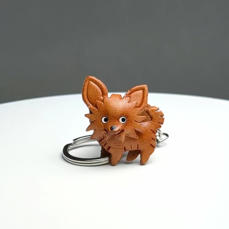 长毛 吉娃娃 狗 真皮钥匙圈 牵绳吊饰 手作 VANCA - 钥匙链/钥匙包 - 真皮 咖啡色