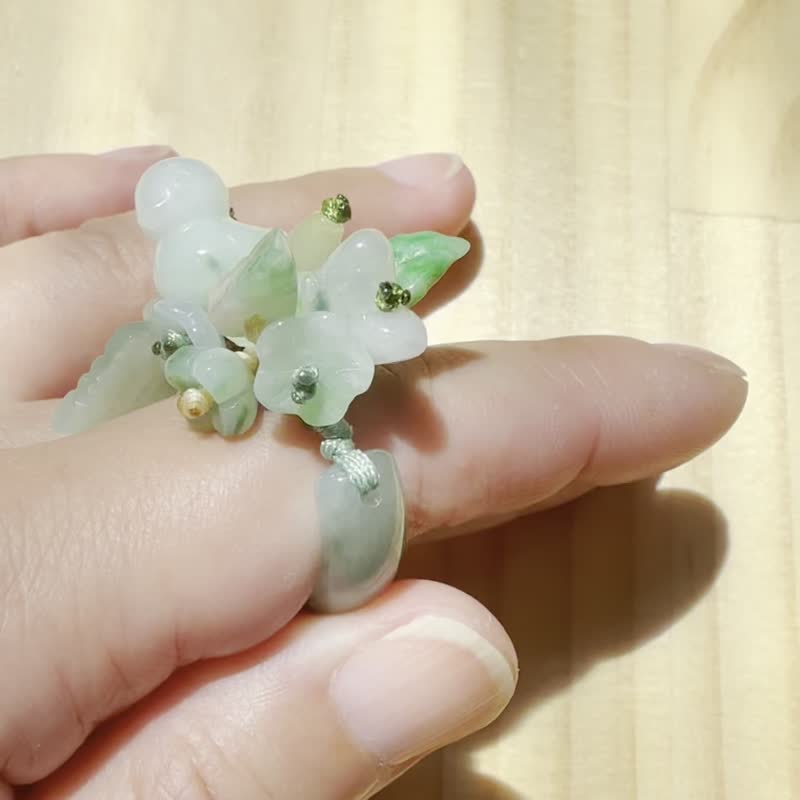手工玉戒指 – 鸭子在花丛中 - 戒指 - 玉石 绿色