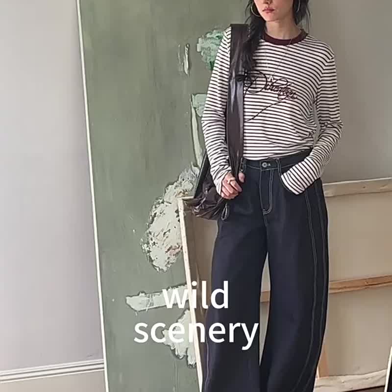 藏青色 她力量 法式復古牛仔彎刀褲 丹寧顯瘦修飾腿型牛仔褲 - 女装长裤 - 棉．麻 蓝色