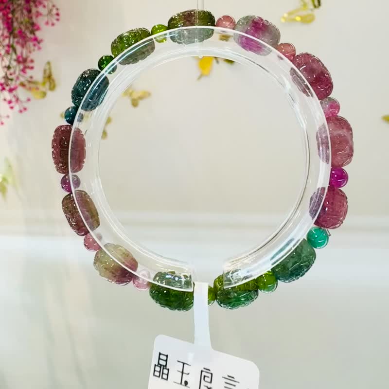 天然回纹彩碧玺7mm15.1g招财水晶旺夫石多功能磁场提升财运西瓜碧 - 手链/手环 - 水晶 多色