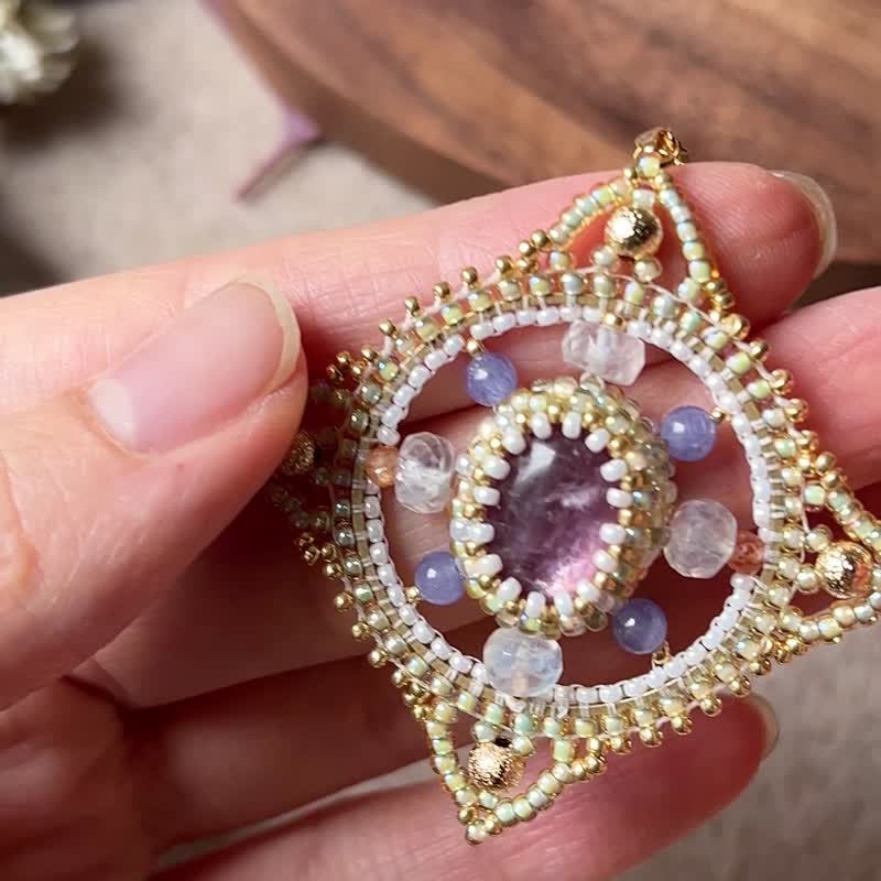 紫锂云母 玻璃米珠x天然石 串珠吊坠 配宝石链 - 项链 - 水晶 绿色