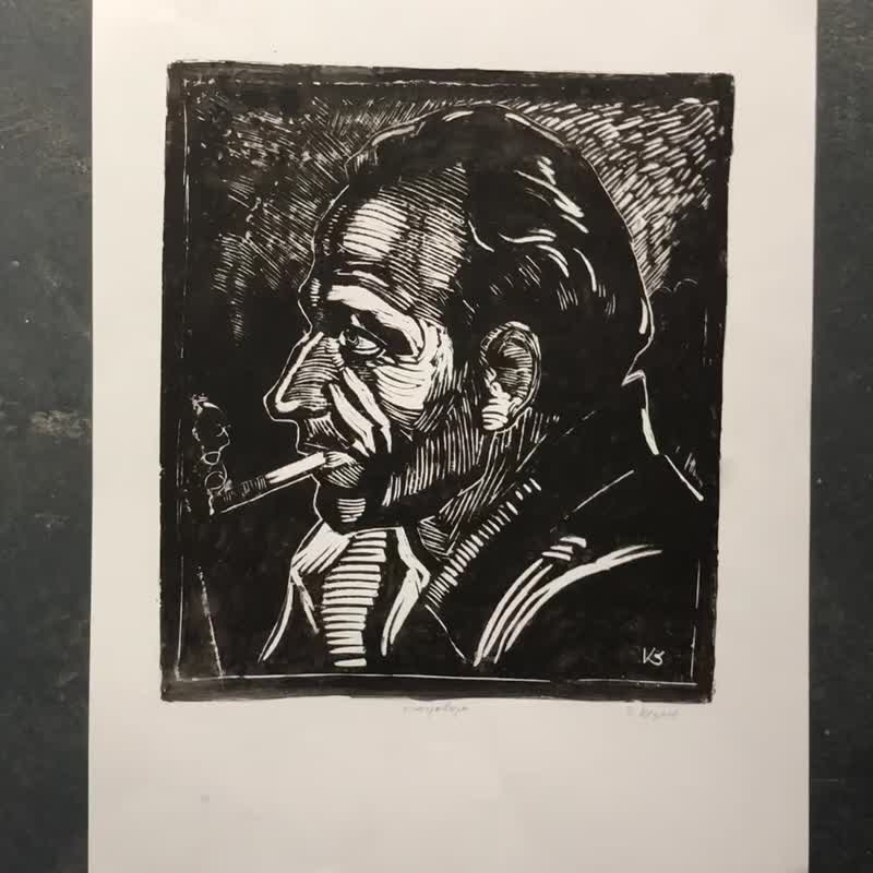 复古亚麻油毡版画《吸烟者肖像》现代乌克兰艺术家居装饰 - 订制画像 - 纸 