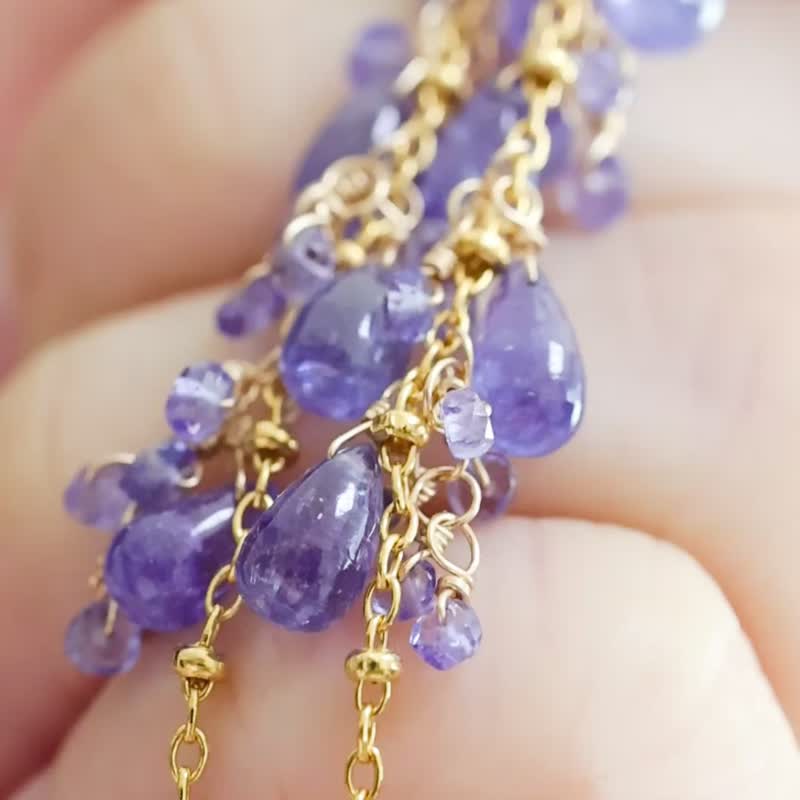 14KGF 奢华串联高品质坦桑石长款耳针 - 耳环/耳夹 - 石头 蓝色