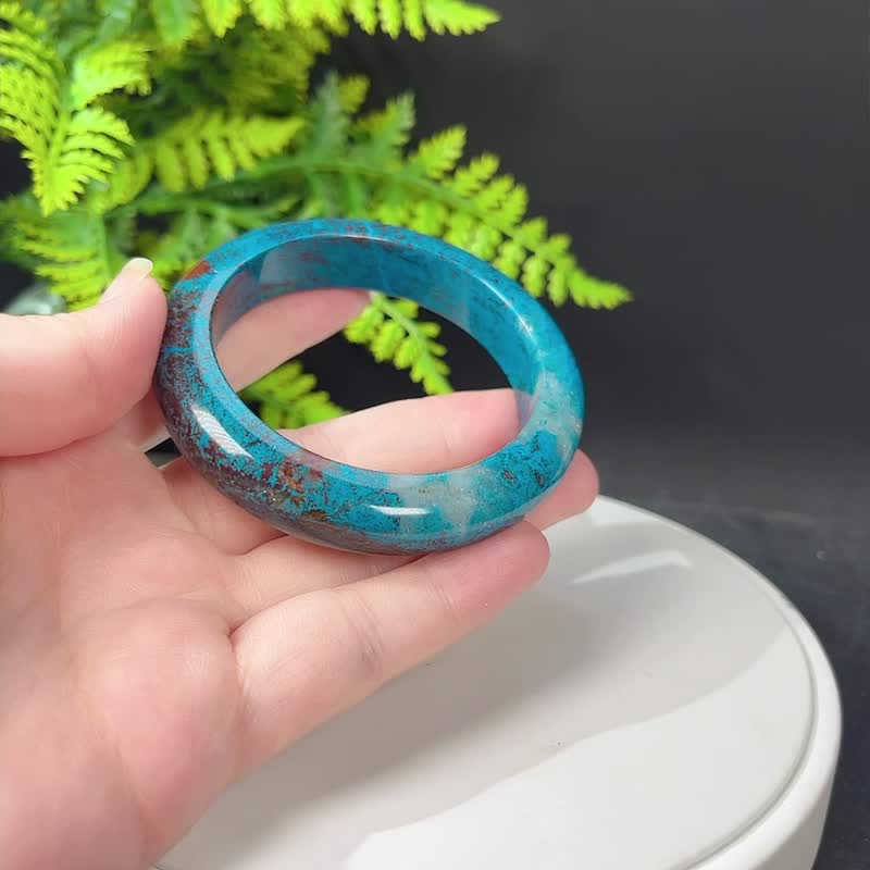异象美国凤凰松石手镯56MM 高瓷油画风玉化硅孔雀石手环 舒缓心情 - 手链/手环 - 宝石 蓝色