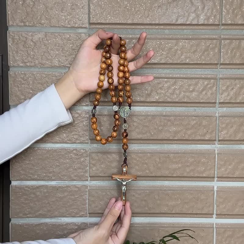 天主教玫瑰经念珠项鍊 祈祷 圣本笃 橄榄木 车用吊饰 80065 - 项链 - 木头 咖啡色