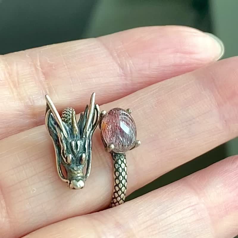 复古925 银立体浮雕龙型双色超七戒指 - 戒指 - 水晶 红色