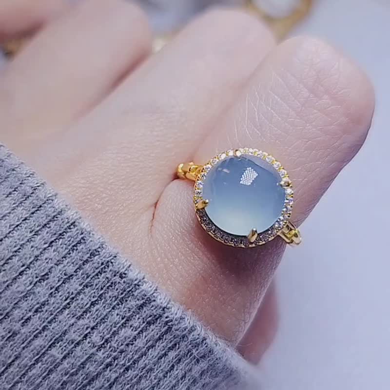 送礼|梦幻马卡龙大蓝|高冰马卡龙蓝胶大蛋面10mm纯银镀18k黄戒指 - 戒指 - 玉石 