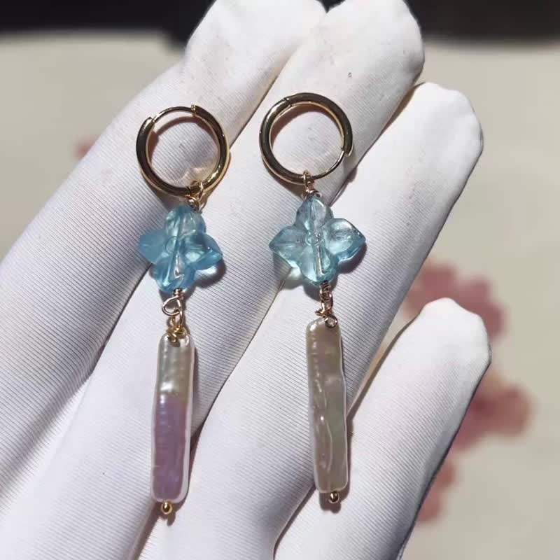 纯手工14K包金绕线海蓝宝四叶草珍珠耳环 - 耳环/耳夹 - 宝石 多色